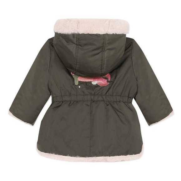 Catimini Paris Girls Green Coat with Pink Faux Fur / Size 18 Months Baby Jacket - Picture 3 of 15